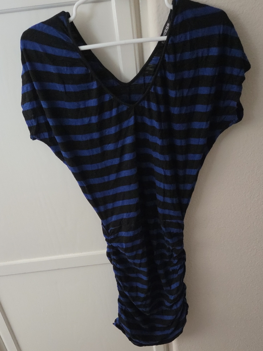 Express Black and Blue Striped V-Neck Dress